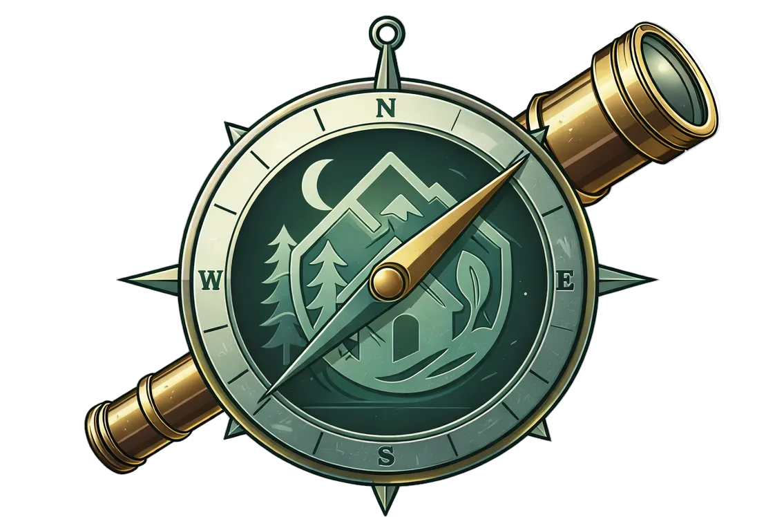 Logo of Everwild Stays with a compass design on a white background